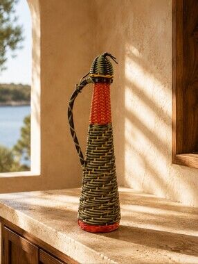 Vintage French Scoubidou Woven Wine Decanter Bottle 15" MCM Barware Retro